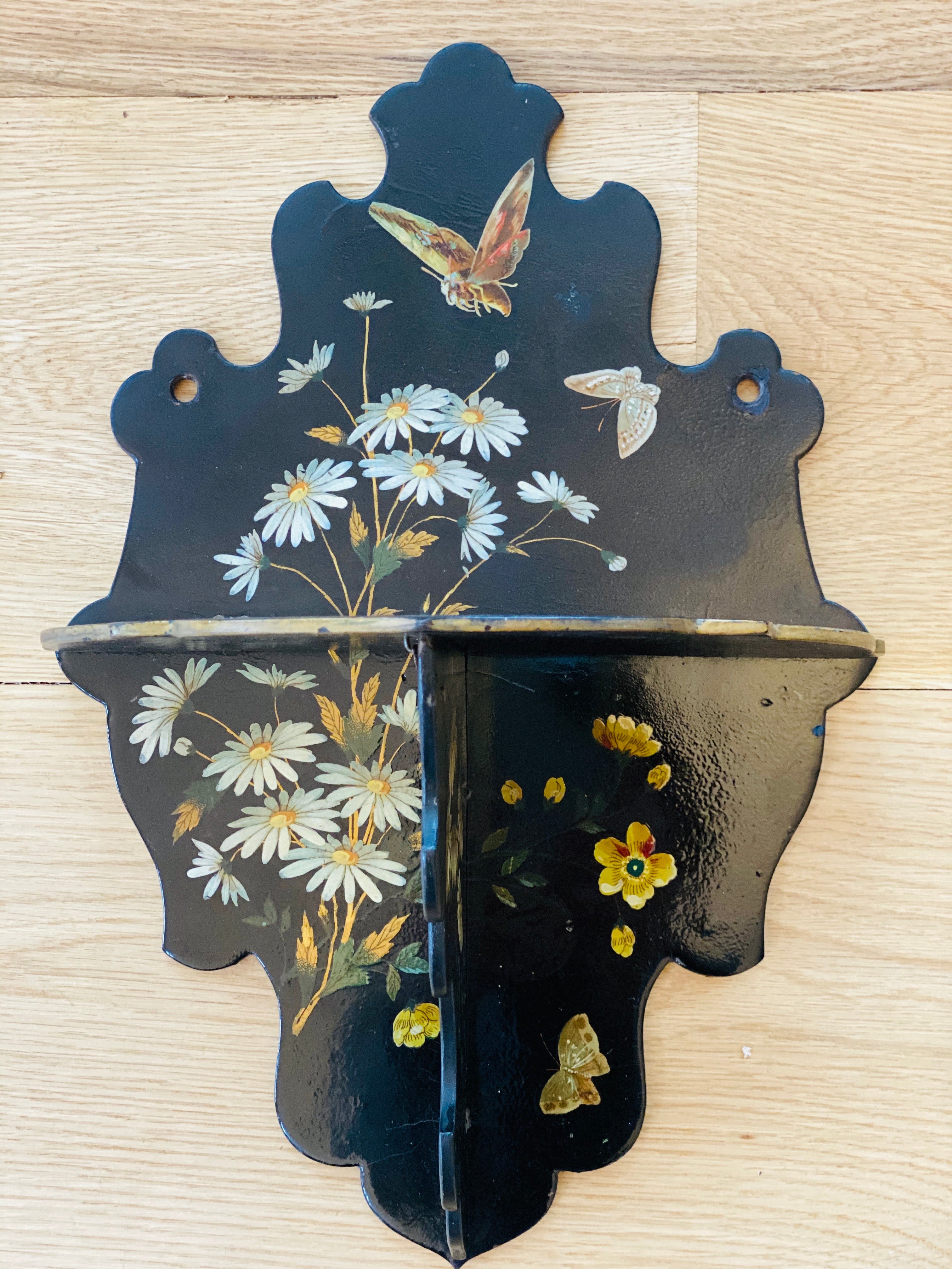 Vintage Black Wall Brackets with Handpainted Flower and Butterfly Motif, Set of Three