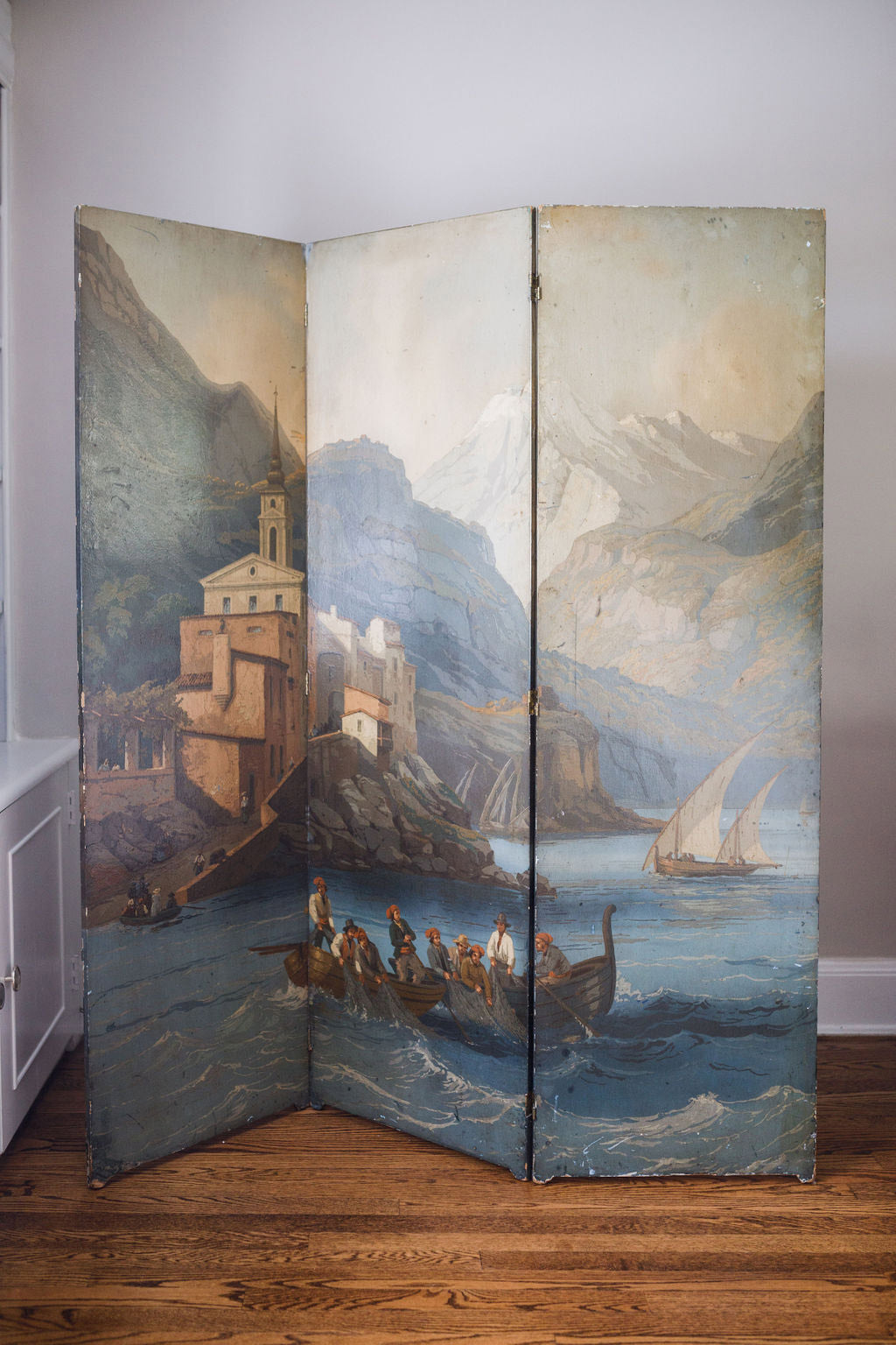 Antique Painted Screen - European Seaside Village